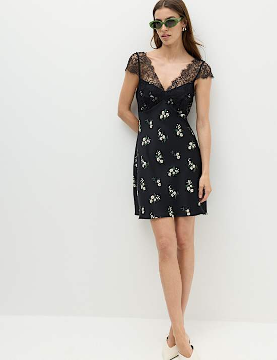 Satin Lace Floral Mini Slip Dress