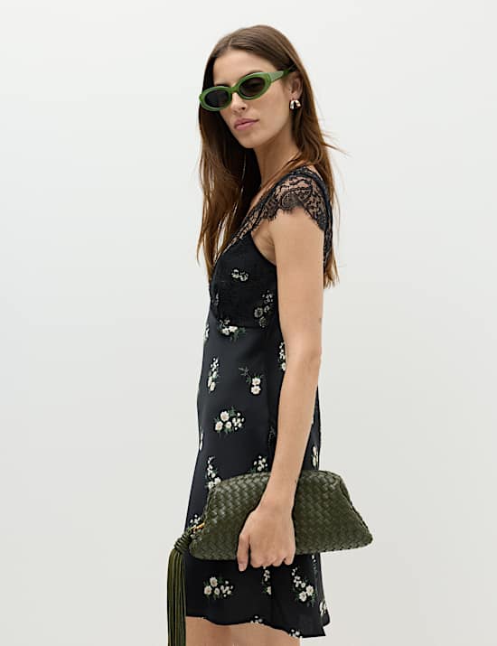 Satin Lace Floral Mini Slip Dress