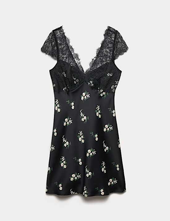 Satin Lace Floral Mini Slip Dress