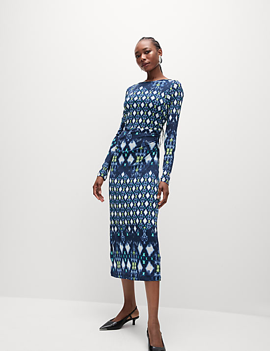 Mesh Jersey Printed Midi Column Dress