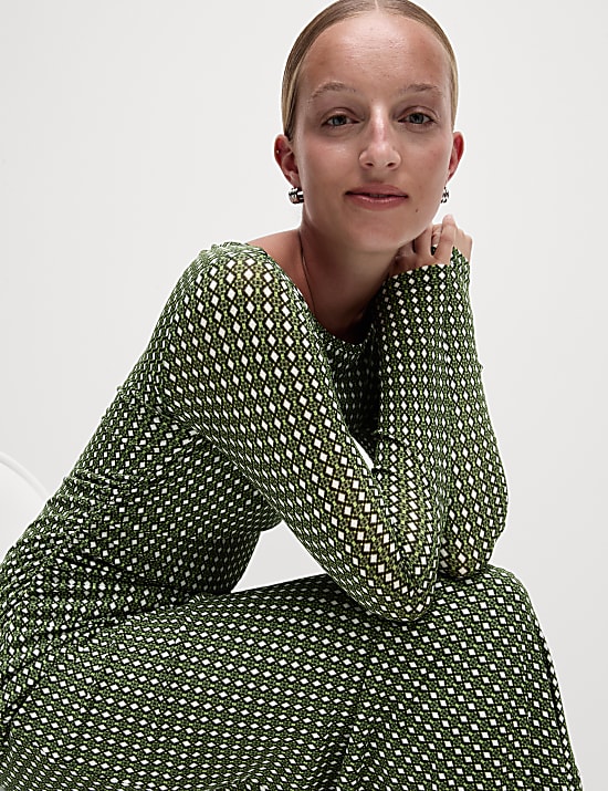 Mesh Jersey Printed Midi Column Dress