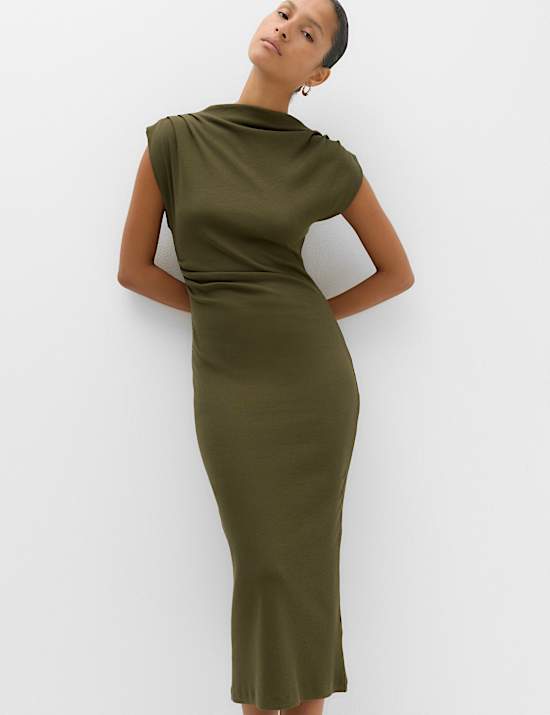 Cotton Rich High Neck Midi Bodycon Dress