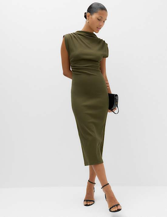 Robe pr&egrave;s du corps midi en coton &agrave; col montant