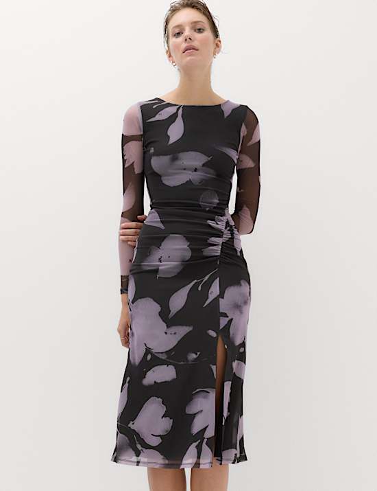 Floral Bodycon Midi Dress with Long Sleeves