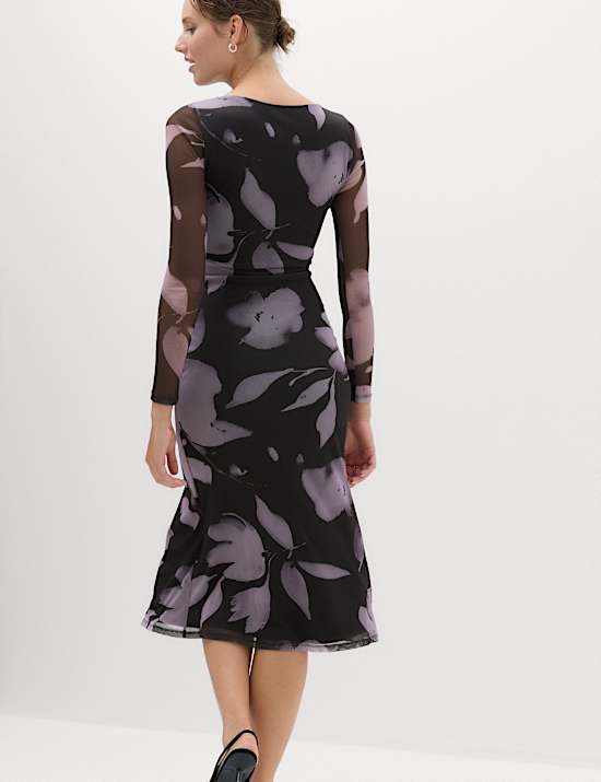 Floral Bodycon Midi Dress with Long Sleeves