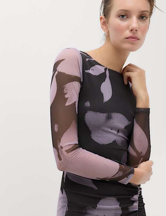 Floral Bodycon Midi Dress with Long Sleeves