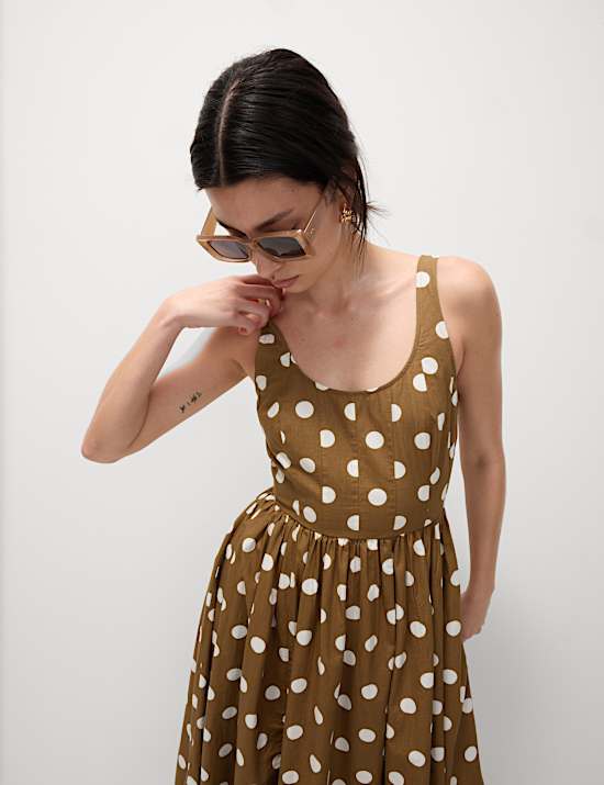 Pure Cotton Polka Dot Scoop Neck Midi Waisted Dress