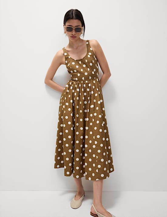 Pure Cotton Polka Dot Scoop Neck Midi Waisted Dress