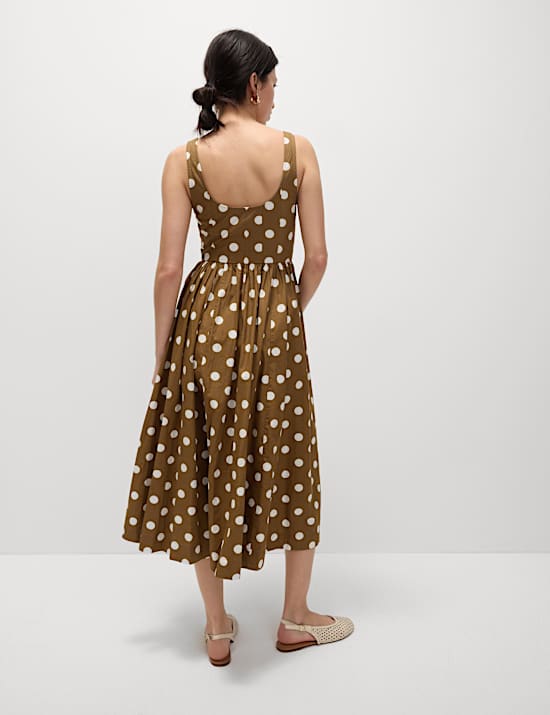 Pure Cotton Polka Dot Scoop Neck Midi Waisted Dress