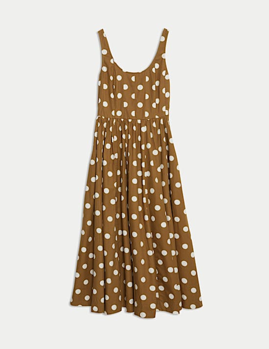 Pure Cotton Polka Dot Scoop Neck Midi Waisted Dress