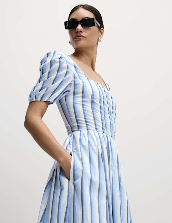 Pure Cotton Striped Midi Waisted Dress