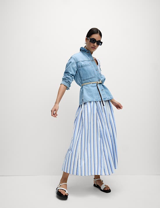 Pure Cotton Striped Midi Waisted Dress