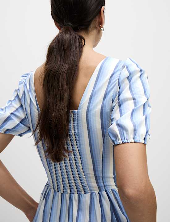 Pure Cotton Striped Midi Waisted Dress