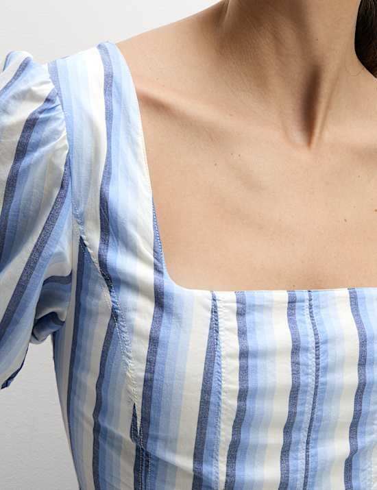 Pure Cotton Striped Midi Waisted Dress