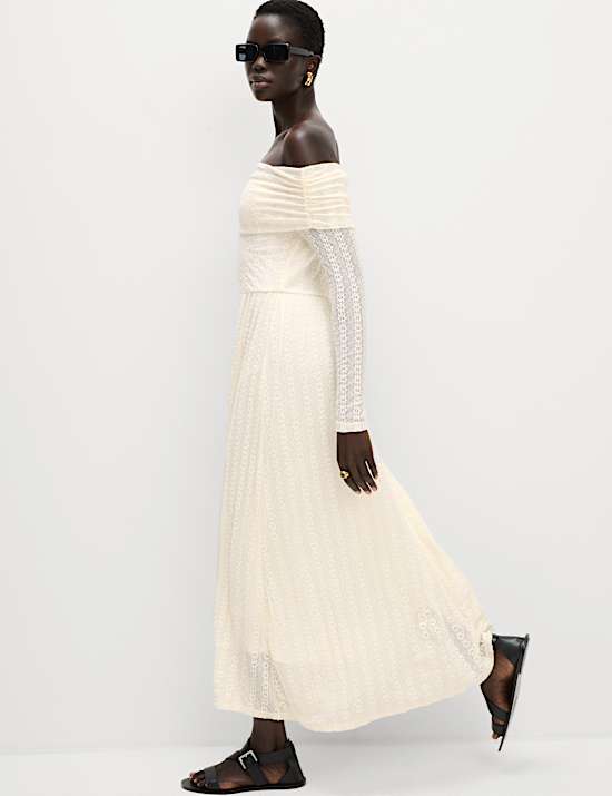 Jersey Lace Bardot Midi Waisted Dress