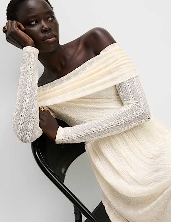 Jersey Lace Bardot Midi Waisted Dress