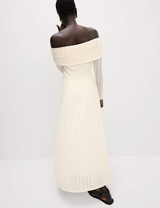 Jersey Lace Bardot Midi Waisted Dress