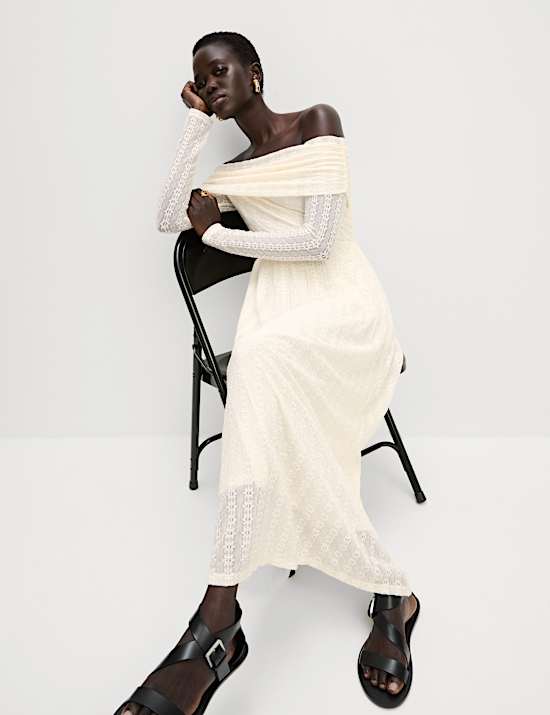 Jersey Lace Bardot Midi Waisted Dress