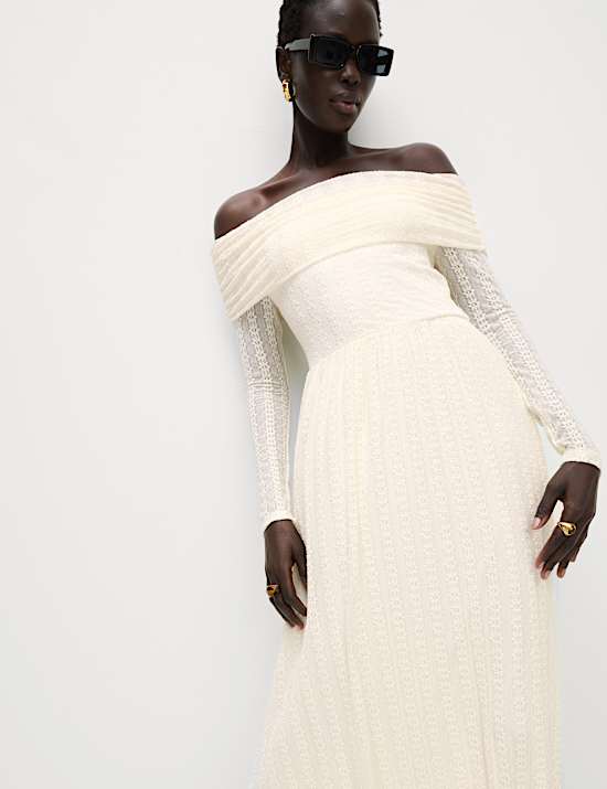 Jersey Lace Bardot Midi Waisted Dress