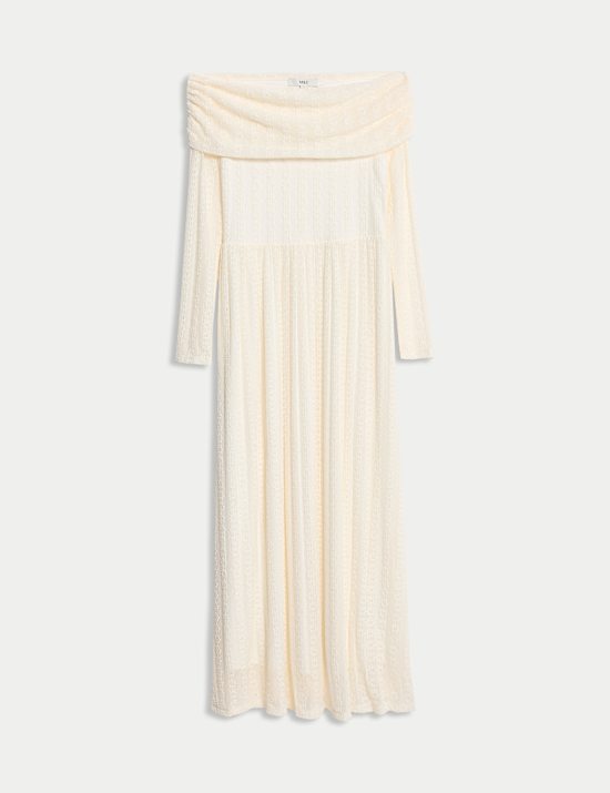 Jersey Lace Bardot Midi Waisted Dress