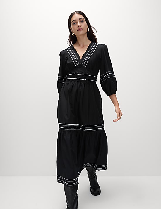 Pure Cotton Embroidered Midi Waisted Dress