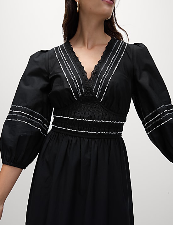 Pure Cotton Embroidered Midi Waisted Dress