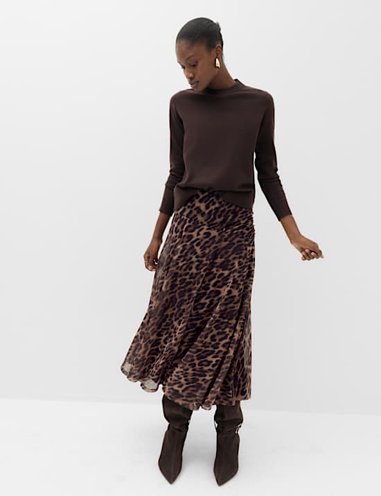 Animal Print Mesh Midi A-Line Skirt