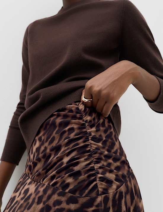 Animal Print Mesh Midi A-Line Skirt