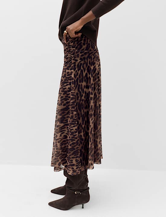 Animal Print Mesh Midi A-Line Skirt