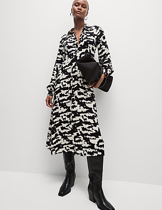 Printed Button Front Midi Shirt Dress