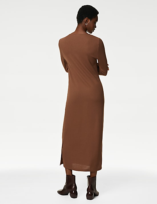 Ribbed V-Neck Midi Column Dress