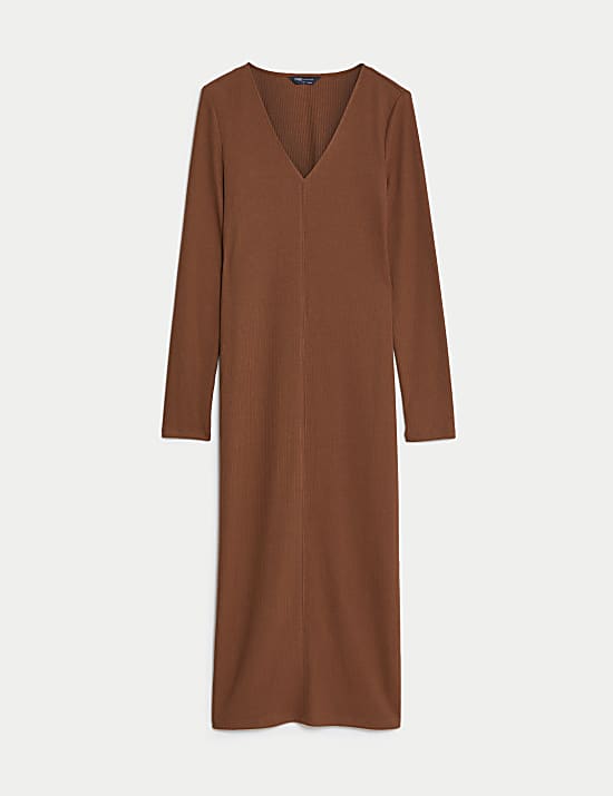 Ribbed V-Neck Midi Column Dress