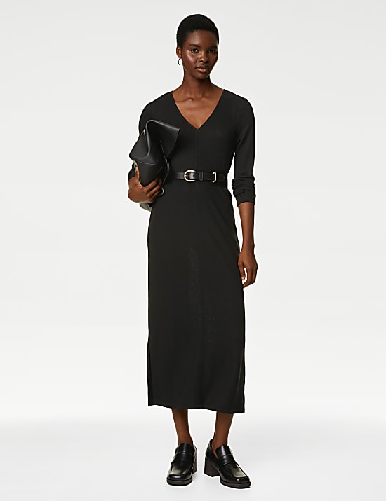 Ribbed V-Neck Midi Column Dress