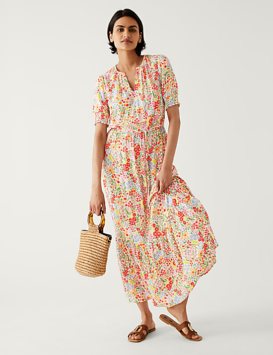 Printed Round Neck Midaxi Waisted Dress