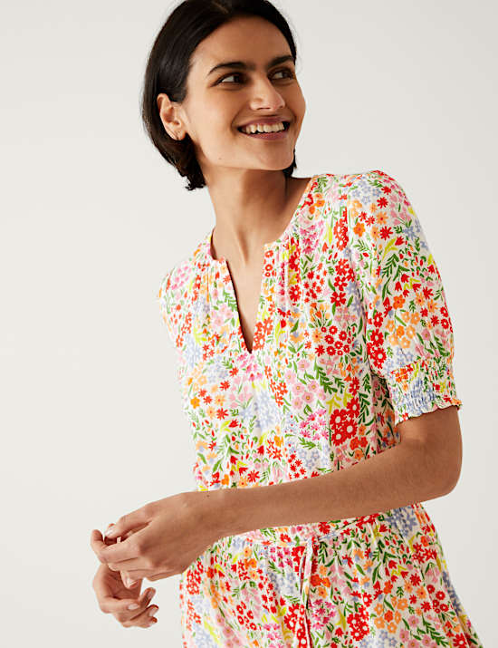 Printed Round Neck Midaxi Waisted Dress
