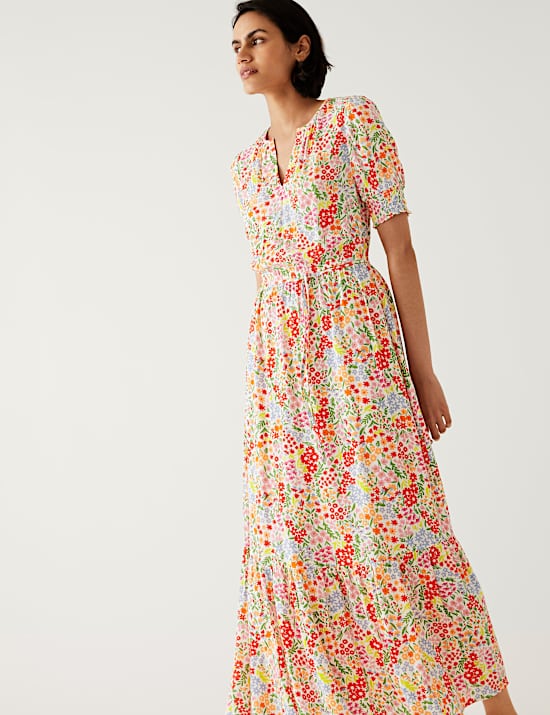 Printed Round Neck Midaxi Waisted Dress
