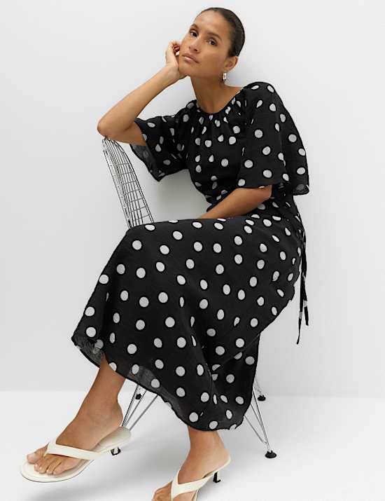 Lyocell Rich Polka Dot Midi Waisted Dress