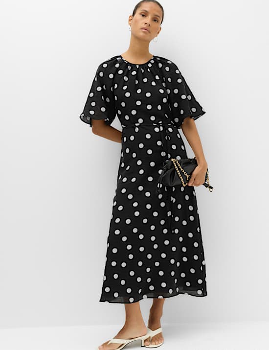 Lyocell Rich Polka Dot Midi Waisted Dress
