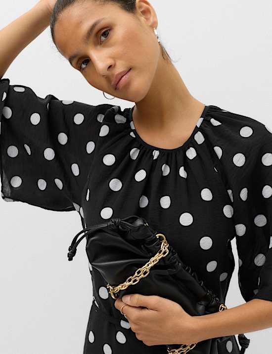 Lyocell Rich Polka Dot Midi Waisted Dress