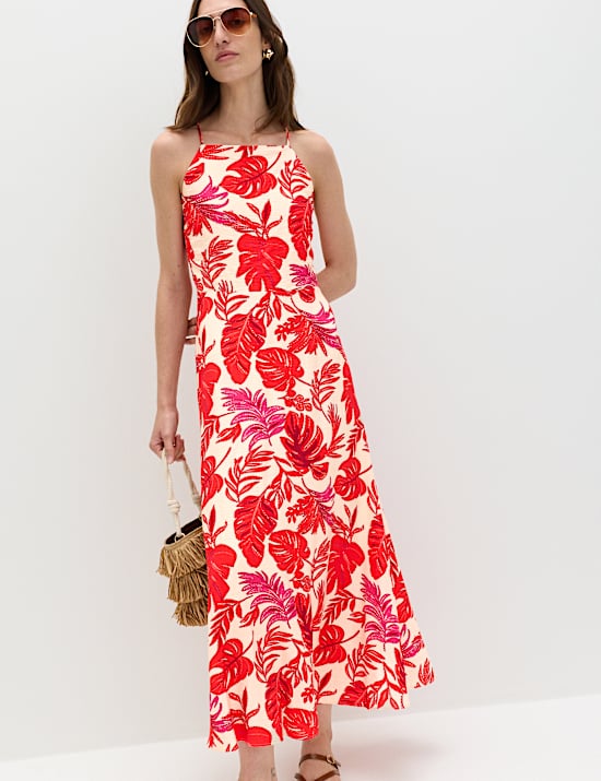 Leaf Print Strappy Midaxi Cami Dress