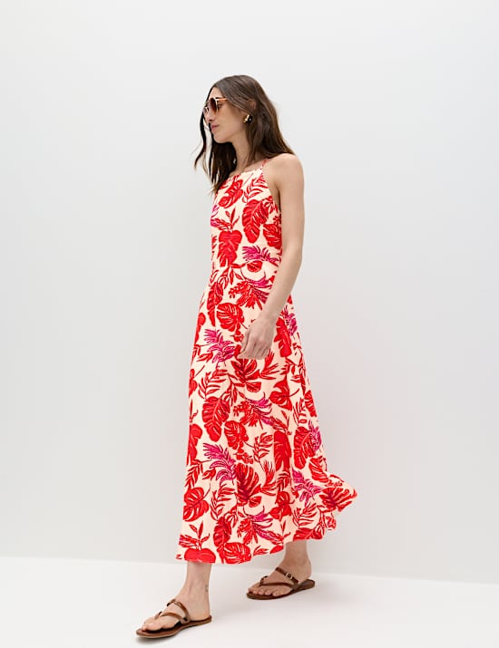 Leaf Print Strappy Midaxi Cami Dress