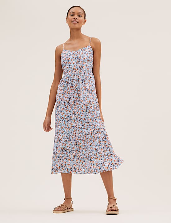 Cotton Ditsy Floral Cami Tiered Midi Dress