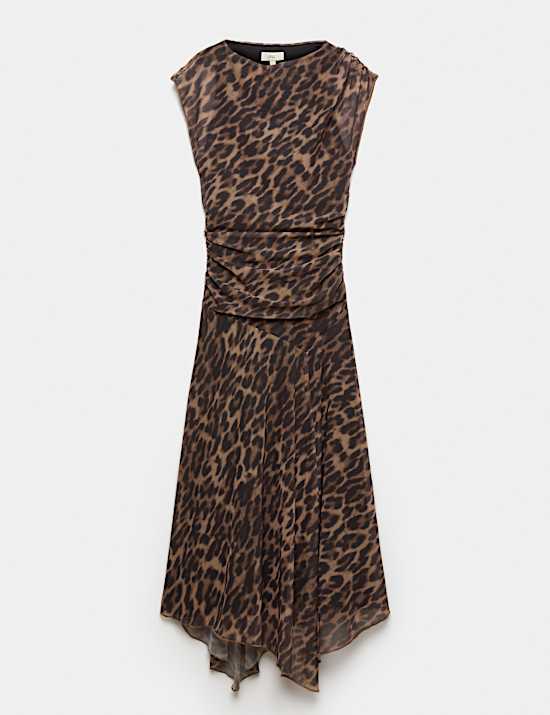 Animal Print Mesh Draped Midi Waisted Dress