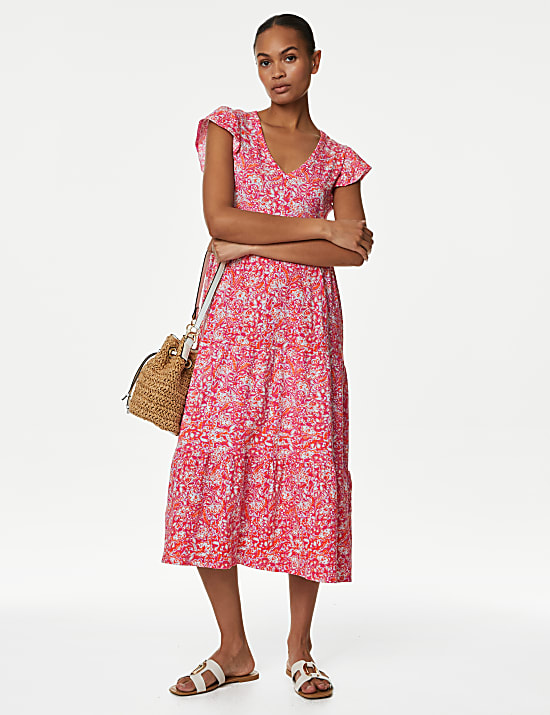 Pure Cotton Jersey Printed Midi Tiered Dress