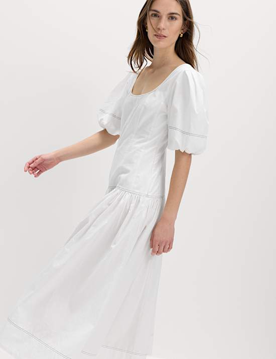 Pure Cotton Drop Waist Midi Waisted Dress