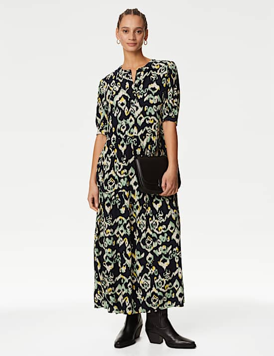 Printed Round Neck Midi Tiered Dress