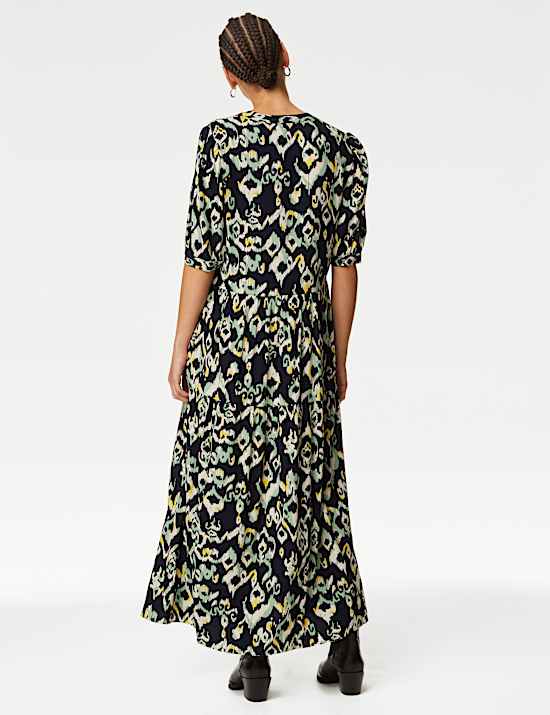 Printed Round Neck Midi Tiered Dress