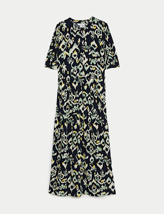 Printed Round Neck Midi Tiered Dress