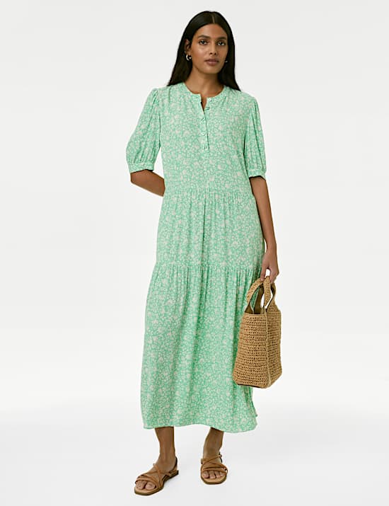 Printed Round Neck Midi Tiered Dress