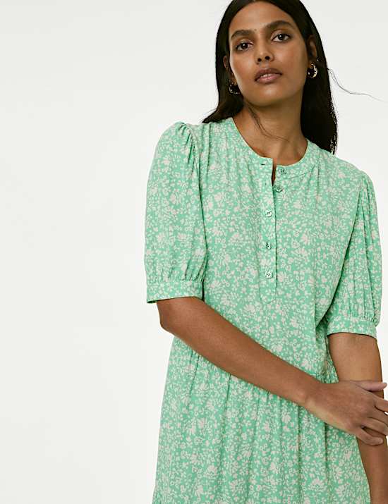Printed Round Neck Midi Tiered Dress